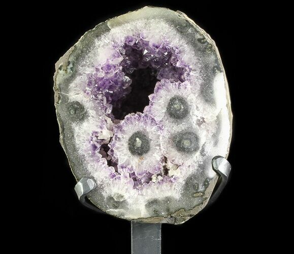 Amethyst Geode With Calcite & Polished Face - Metal Stand #83728